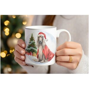 Mok Afgaanse Hond met kerstmuts en mantel
