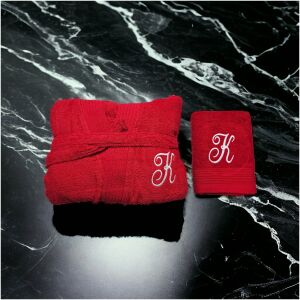 Badjas set met handdoek rood geborduurd met initiaal 7