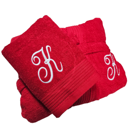 Badjas set met handdoek rood geborduurd met initiaal