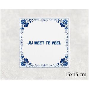 Spreuk tegel 15x15cm Jij weet te veel